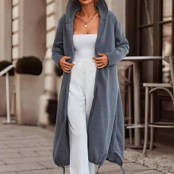 . Tops - Dark Grey Casual Womens Drop Shoulder Drawstring Hem Zip Up Hoodie